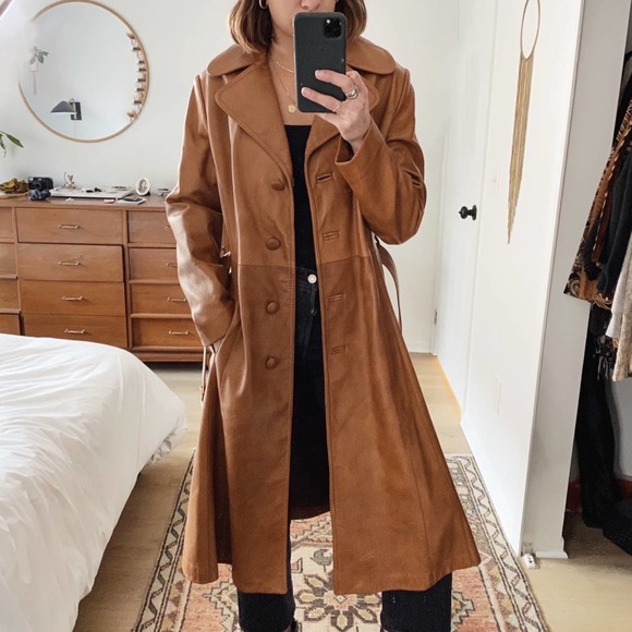 Vintage Jackets & Blazers - Vintage Brown Leather Trench Coat